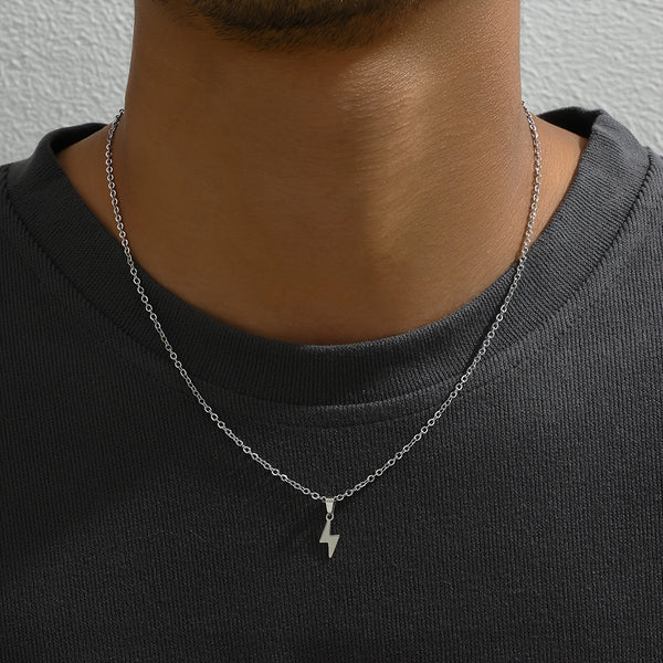 1PC Fashion Stainless Steel Lightning Bolt Pendant Necklace for Men, Unisex No Plating Chain Jewelry