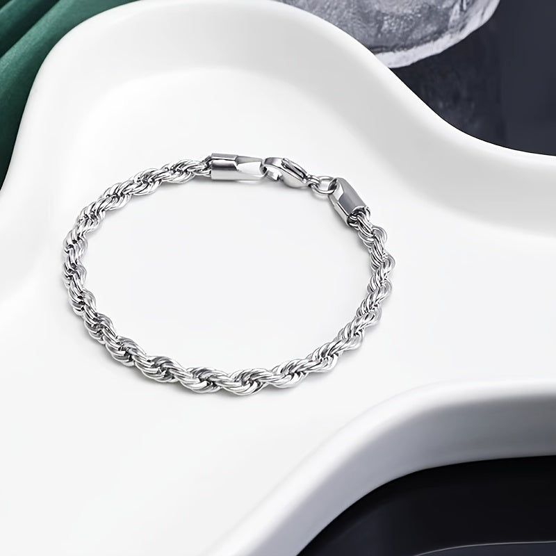 1pc Men's Bracelet, Washable and Non-fading 4mm Silvery Stainless Steel Bracelet, Simple and Fashionable Twisted Rope Design Hip-hop Party Bracelet, Versatile Gift Jewelry Bracelet