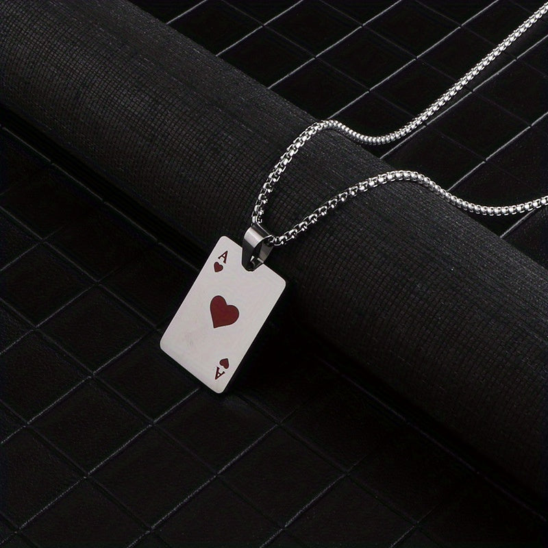 Punk Hiphop Style Long Chain Stainless Steel Lucky Spades Heart Ace Poker Pendant Necklace For Men (Non Tarnish)