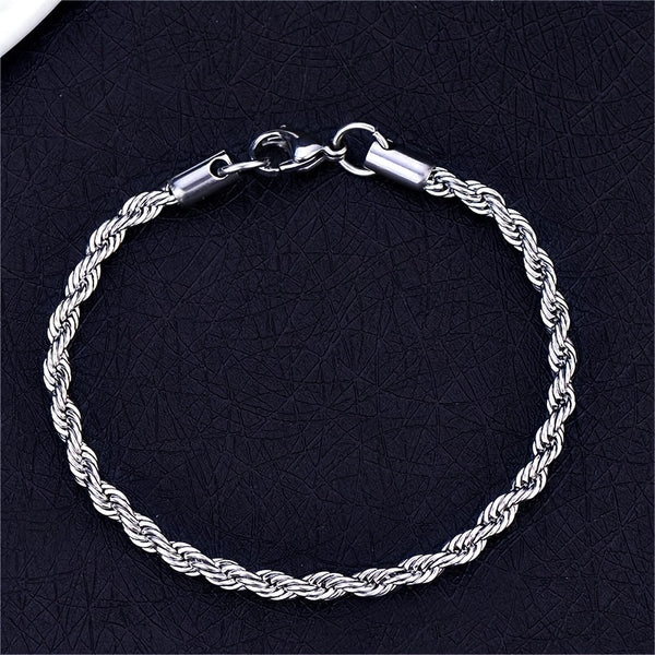 LMNZB Stainless Steel Twisted Rope Chain Bracelet 4mm - Gothic Style, No Plating, Durable Lobster Clasp, Unisex Fashion Jewelry for Daily & Party Wear, Ideal for Valentine's Day Gift, All-Season Accessory