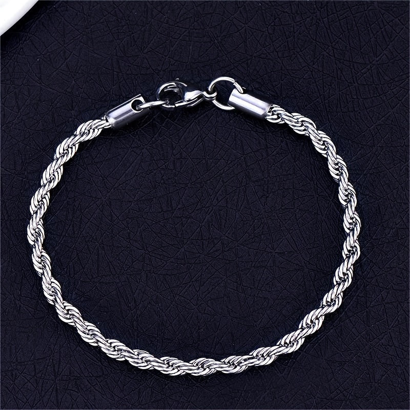 LMNZB Stainless Steel Twisted Rope Chain Bracelet 4mm - Gothic Style, No Plating, Durable Lobster Clasp, Unisex Fashion Jewelry for Daily & Party Wear, Ideal for Valentine's Day Gift, All-Season Accessory