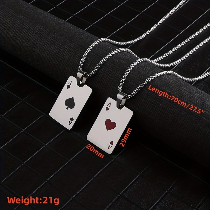 Punk Hiphop Style Long Chain Stainless Steel Lucky Spades Heart Ace Poker Pendant Necklace For Men (Non Tarnish)
