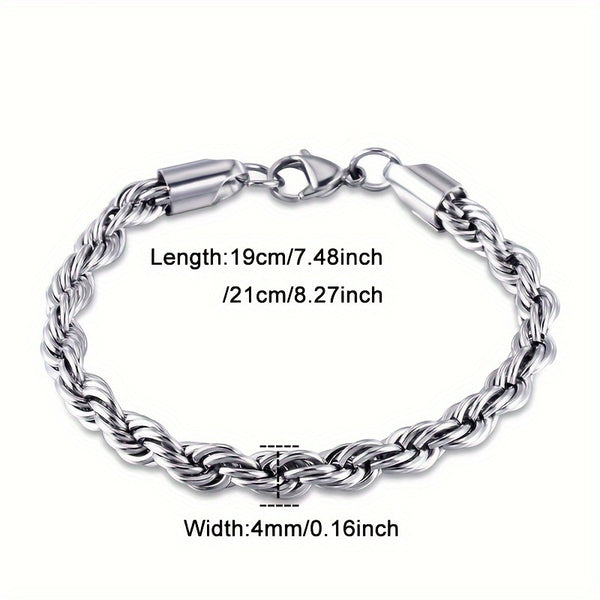 1pc Men's Bracelet, Washable and Non-fading 4mm Silvery Stainless Steel Bracelet, Simple and Fashionable Twisted Rope Design Hip-hop Party Bracelet, Versatile Gift Jewelry Bracelet