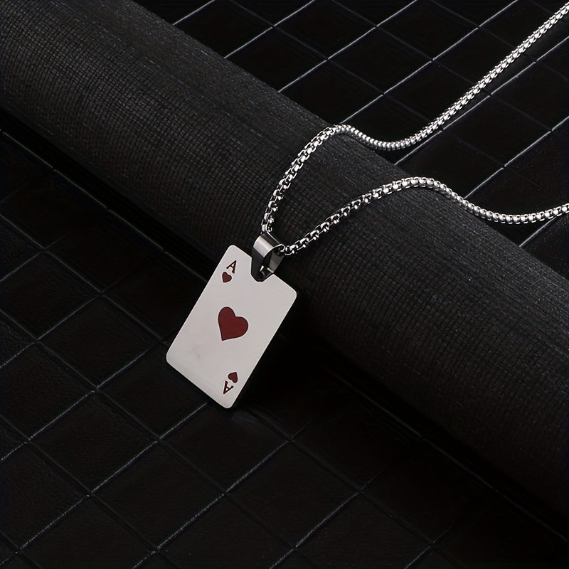 Punk Hiphop Style Long Chain Stainless Steel Lucky Spades Heart Ace Poker Pendant Necklace For Men (Non Tarnish)