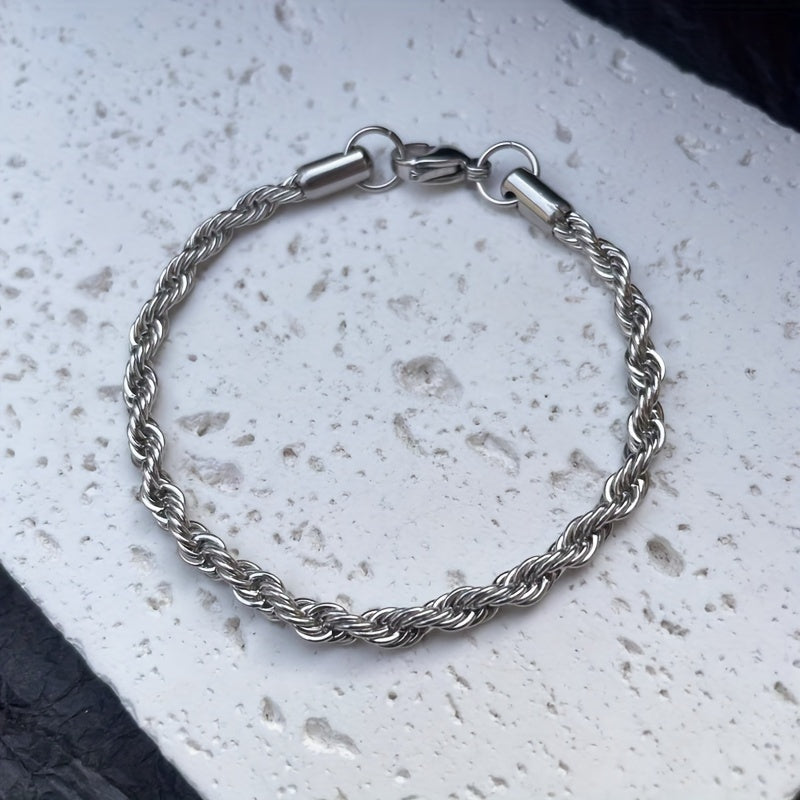 1pc Men's Bracelet, Washable and Non-fading 4mm Silvery Stainless Steel Bracelet, Simple and Fashionable Twisted Rope Design Hip-hop Party Bracelet, Versatile Gift Jewelry Bracelet