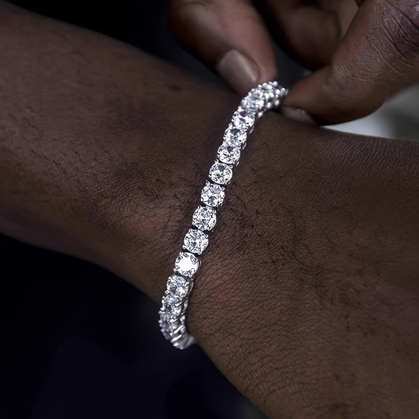 Luxurious Iced-Out Tennis Bracelet with Sparkling Synthetic Zirconia Stones - Elegant Hip Hop Fashion Accessory for Everyday & Party Wear, Perfect Valentine's Gift for Couples, Copper Base, Clear Gemstones, Adjustable Clasp,