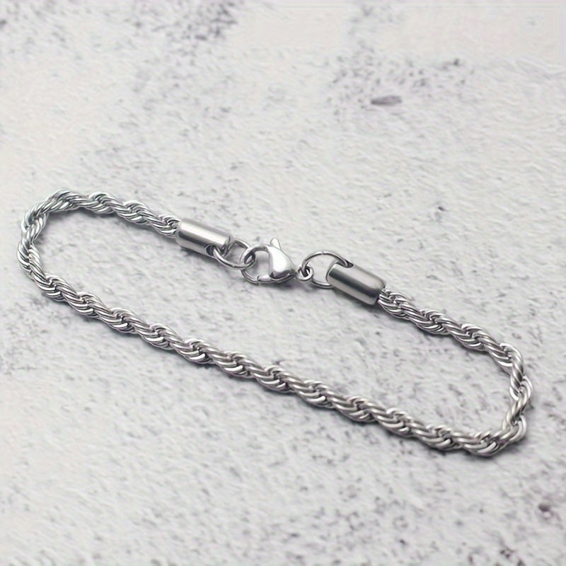 1pc Men's Bracelet, Washable and Non-fading 4mm Silvery Stainless Steel Bracelet, Simple and Fashionable Twisted Rope Design Hip-hop Party Bracelet, Versatile Gift Jewelry Bracelet