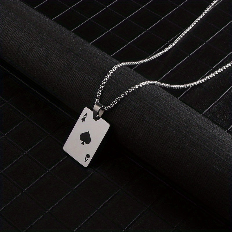 Punk Hiphop Style Long Chain Stainless Steel Lucky Spades Heart Ace Poker Pendant Necklace For Men (Non Tarnish)