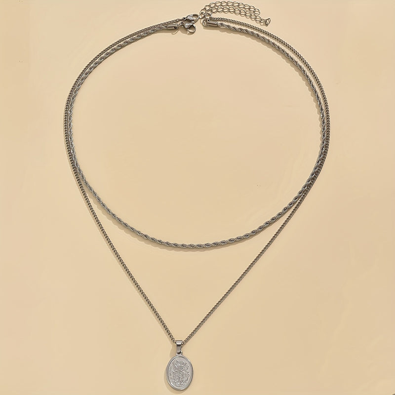2pcs/set Men's Stainless Steel Oval-Shaped Pendant Necklace with Twist Chain, Casual Daily Accessories for Formal Events, Parties, and Everyday Wear
