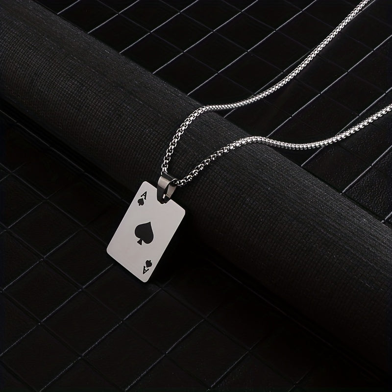 Punk Hiphop Style Long Chain Stainless Steel Lucky Spades Heart Ace Poker Pendant Necklace For Men (Non Tarnish)