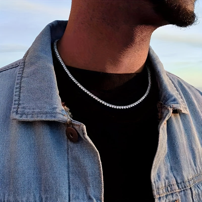 1pc Men's Hip Hop Rap Hipster Full Diamond Necklace, Square Faux Diamond Zircon Neck Chain, Luxury Versatile Jewelry For Men And Women, Father's Day Gift