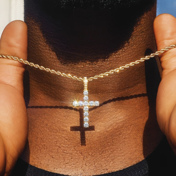 Hip Hop Cross Copper With 4mm Zirconia 14K Golden Plated Pendant Necklace