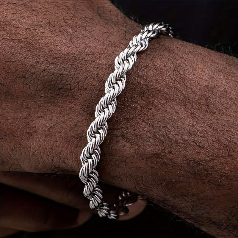 1pc Men's Bracelet, Washable and Non-fading 4mm Silvery Stainless Steel Bracelet, Simple and Fashionable Twisted Rope Design Hip-hop Party Bracelet, Versatile Gift Jewelry Bracelet