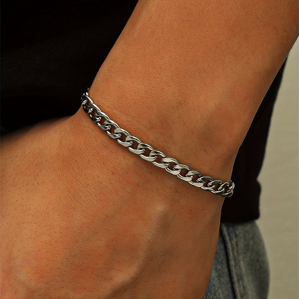 A Stylish And Trendy Silvery Stainless Steel Bracelet For Men With A Minimalist Hip-hop Punk Style, Perfect For Parties And As A Gift Of Fashionable Jewelry.
