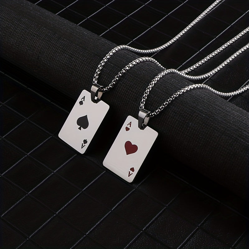 Punk Hiphop Style Long Chain Stainless Steel Lucky Spades Heart Ace Poker Pendant Necklace For Men (Non Tarnish)
