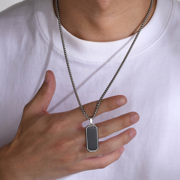Elegant Men's Stainless Steel Necklace with Sleek Black Pendant - Geometric Design, Non-Magnetic