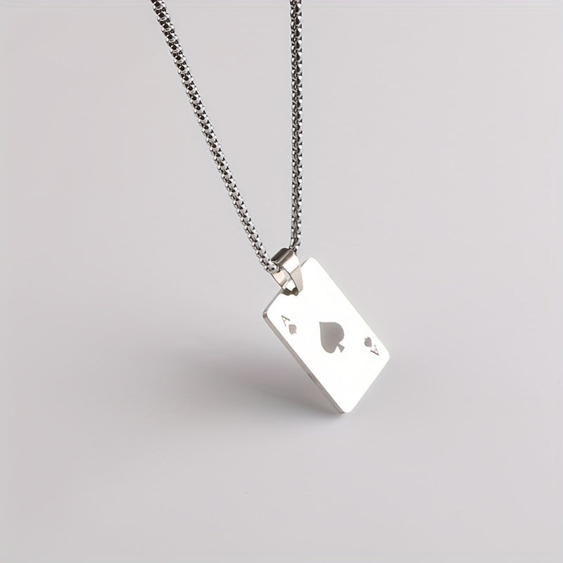 Punk Hiphop Style Long Chain Stainless Steel Lucky Spades Heart Ace Poker Pendant Necklace For Men (Non Tarnish)