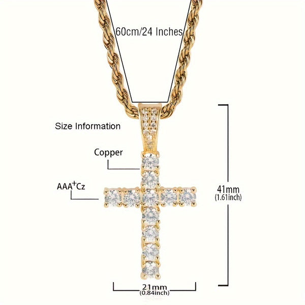 Hip Hop Cross Copper With 4mm Zirconia 14K Golden Plated Pendant Necklace