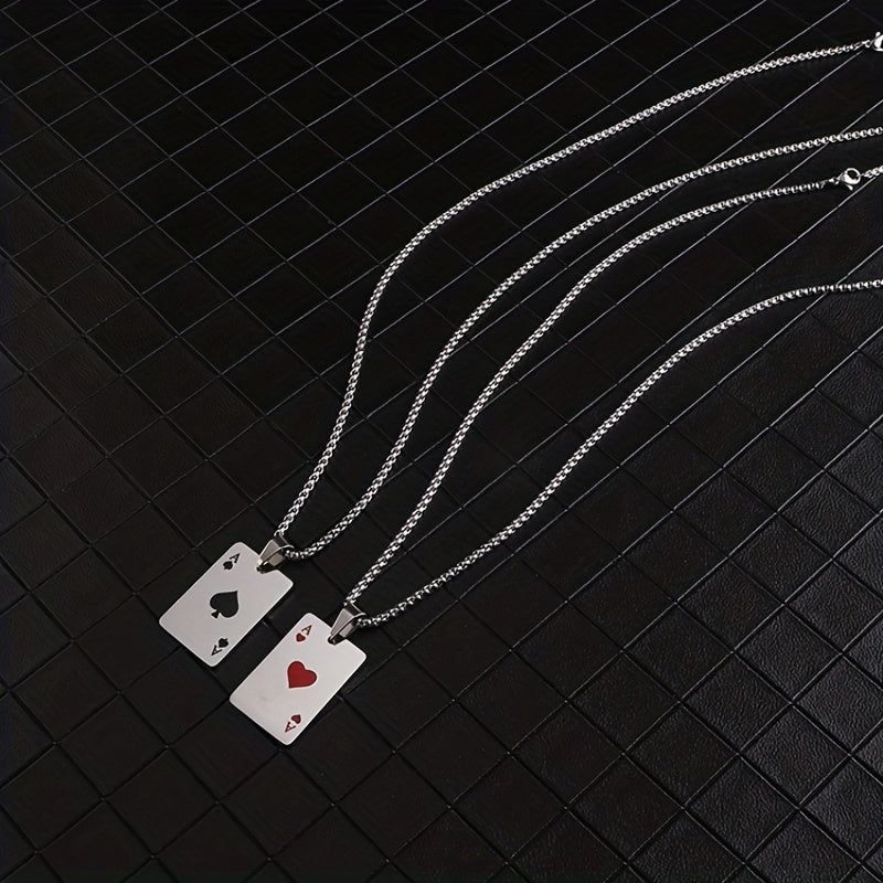 Punk Hiphop Style Long Chain Stainless Steel Lucky Spades Heart Ace Poker Pendant Necklace For Men (Non Tarnish)