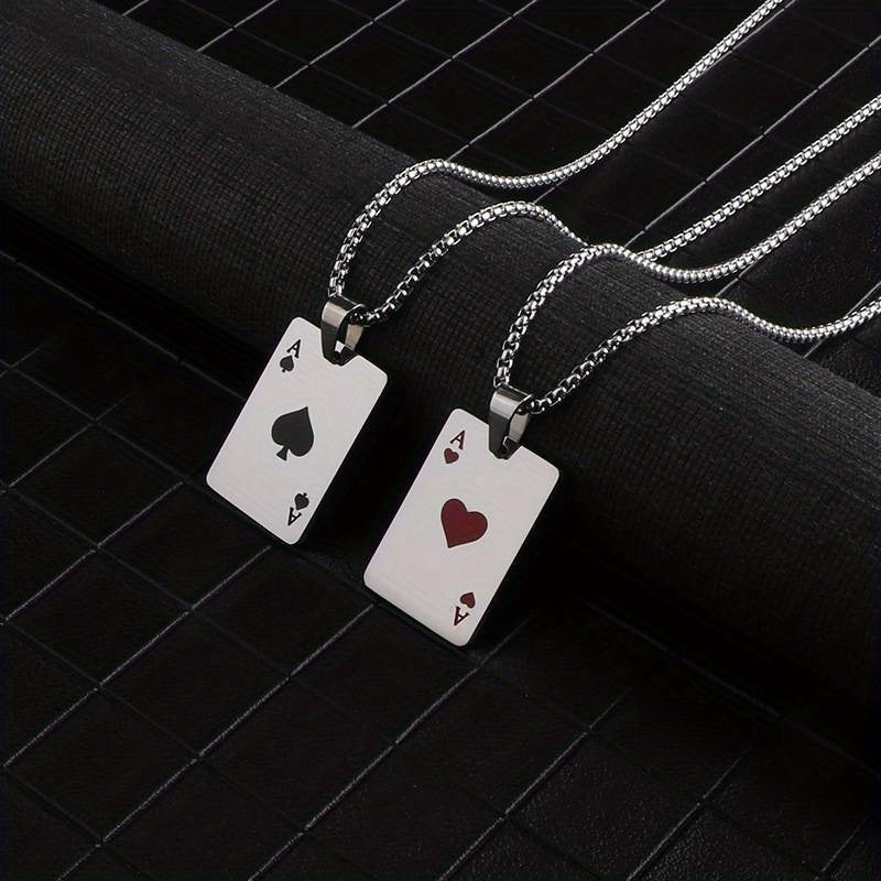 Punk Hiphop Style Long Chain Stainless Steel Lucky Spades Heart Ace Poker Pendant Necklace For Men (Non Tarnish)