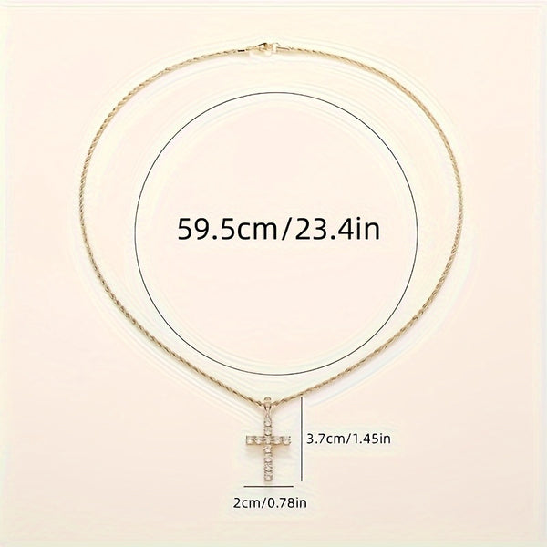 Elegant Golden-Tone Cross Pendant Necklace with Sparkling Synthetic Zirconia - Fashionable Religious Sweater Chain, Perfect for Daily Wear, Cross Necklace