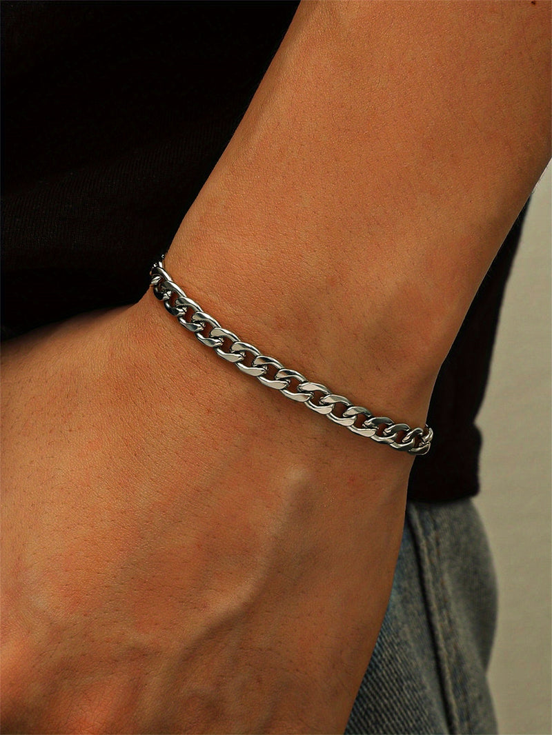 A Stylish And Trendy Silvery Stainless Steel Bracelet For Men With A Minimalist Hip-hop Punk Style, Perfect For Parties And As A Gift Of Fashionable Jewelry.