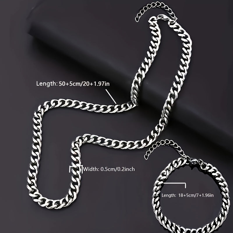 2pcs Hip Hop Stainless Steel Chain Set - Punk Fashion Necklace & Bracelet Combo for Men, Hip Hop Jewelry