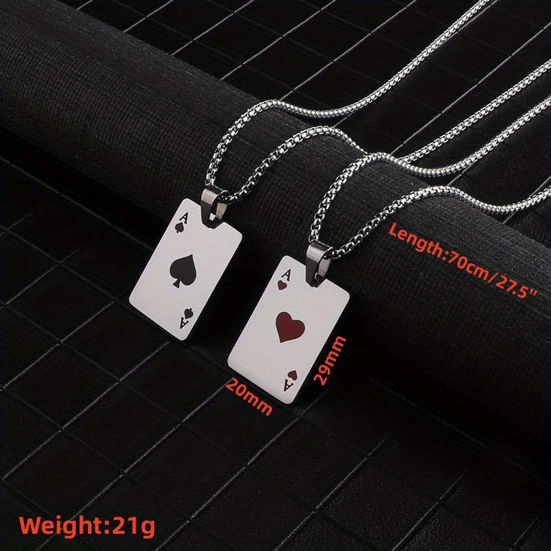 Punk Hiphop Style Long Chain Stainless Steel Lucky Spades Heart Ace Poker Pendant Necklace For Men (Non Tarnish)