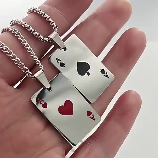 Punk Hiphop Style Long Chain Stainless Steel Lucky Spades Heart Ace Poker Pendant Necklace For Men (Non Tarnish)