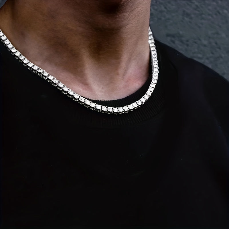 1pc Men's Hip Hop Rap Hipster Full Diamond Necklace, Square Faux Diamond Zircon Neck Chain, Luxury Versatile Jewelry For Men And Women, Father's Day Gift