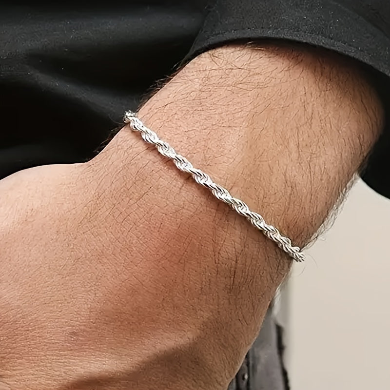 1pc Men's Bracelet, Washable and Non-fading 4mm Silvery Stainless Steel Bracelet, Simple and Fashionable Twisted Rope Design Hip-hop Party Bracelet, Versatile Gift Jewelry Bracelet