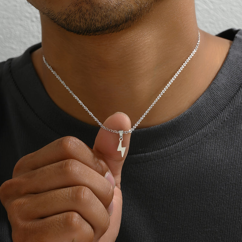 1PC Fashion Stainless Steel Lightning Bolt Pendant Necklace for Men, Unisex No Plating Chain Jewelry