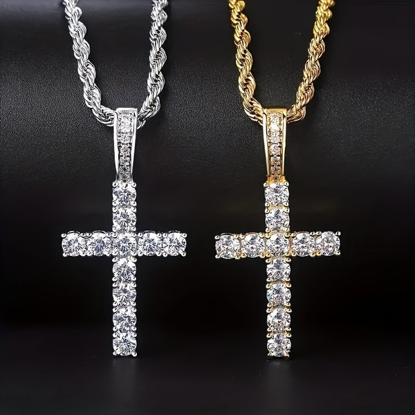 Elegant Golden-Tone Cross Pendant Necklace with Sparkling Synthetic Zirconia - Fashionable Religious Sweater Chain, Perfect for Daily Wear, Cross Necklace